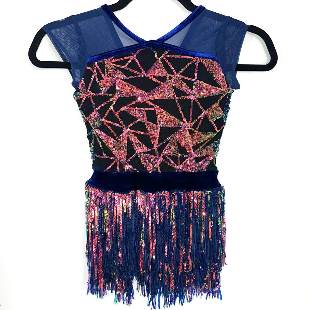 Weissman Showtime Girls ‘Misbehave’ Dance Blue Velvet Sequin Fringe Dress SC - Picture 2 of 16